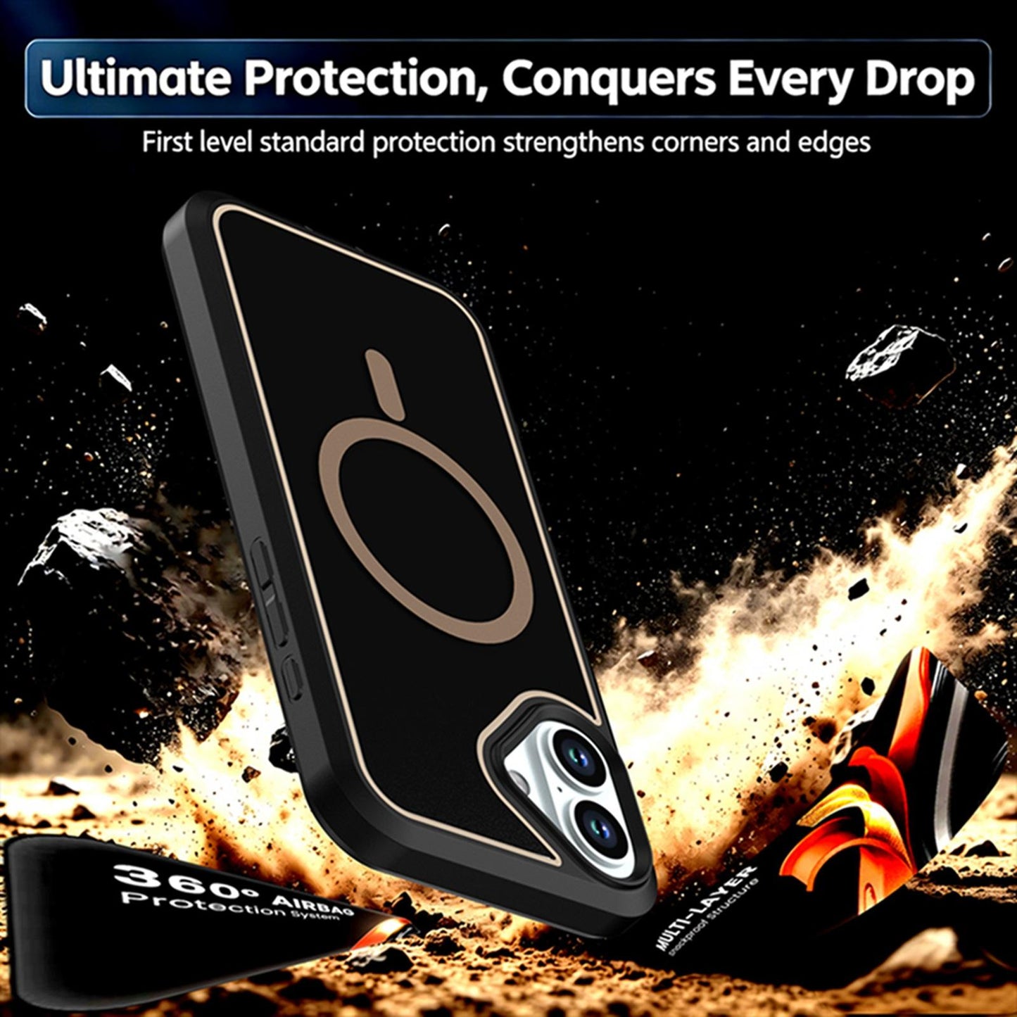 For iPhone 16 Plus Silicone Magnetic Anti-drop Protective Phone Case(Black + Gold)