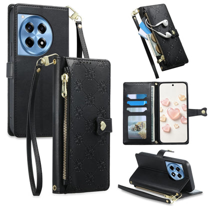 For OnePlus 12R / OnePlus Ace 3 Zipper Wallet Heart Buckle Vegan Leather Phone Case with Wrist Strap(Black)