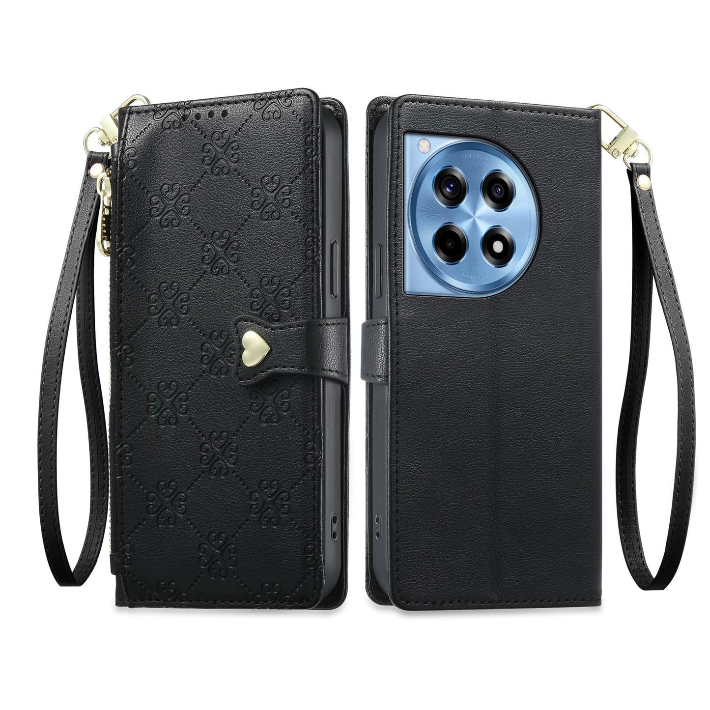 For OnePlus 12R / OnePlus Ace 3 Zipper Wallet Heart Buckle Vegan Leather Phone Case with Wrist Strap(Black)