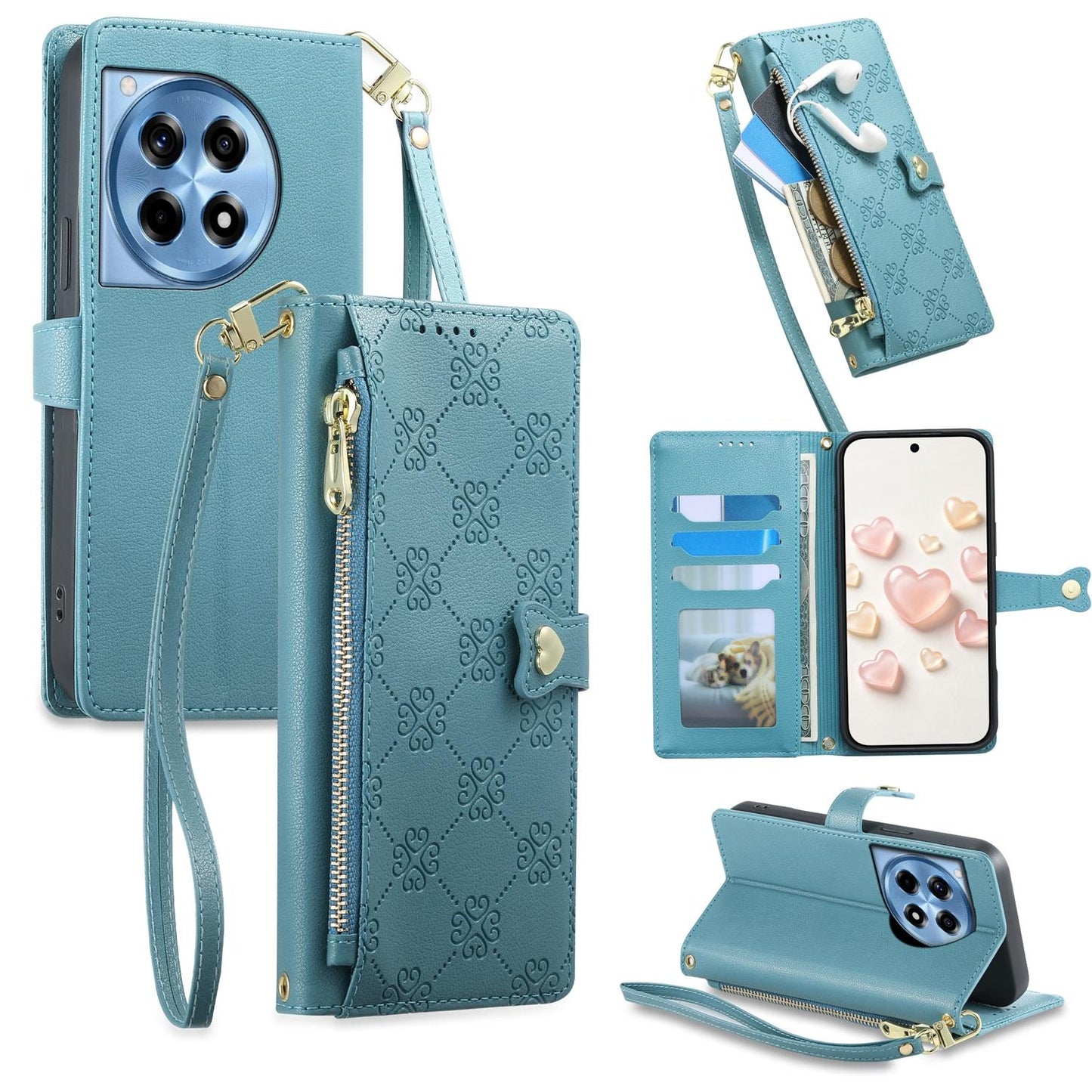 For OnePlus 12R / OnePlus Ace 3 Zipper Wallet Heart Buckle Vegan Leather Phone Case with Wrist Strap(Lake Blue)
