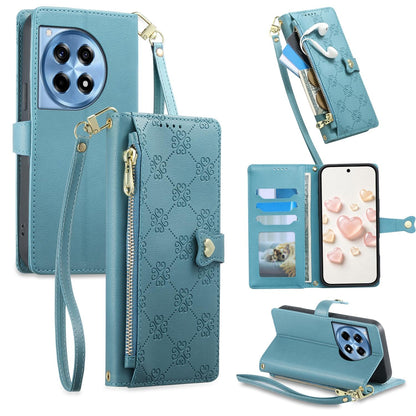 For OnePlus 12R / OnePlus Ace 3 Zipper Wallet Heart Buckle Vegan Leather Phone Case with Wrist Strap(Lake Blue)