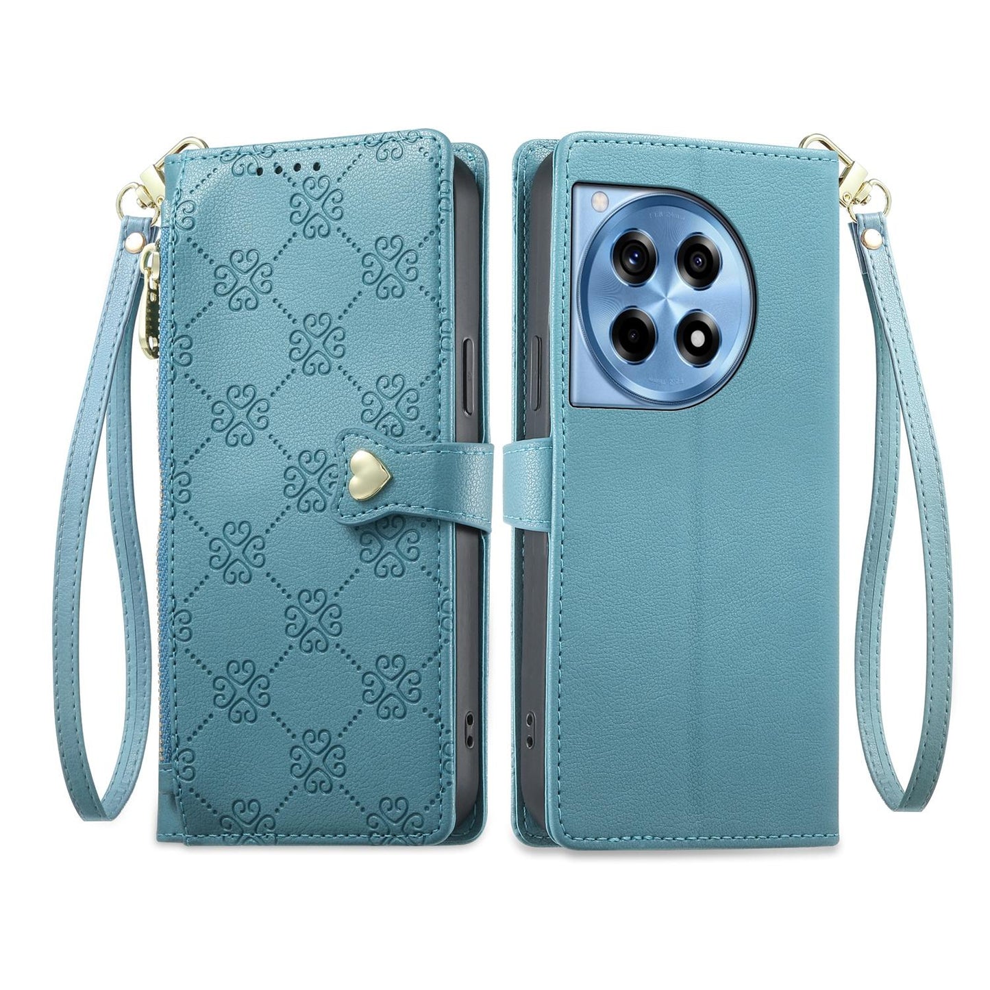 For OnePlus 12R / OnePlus Ace 3 Zipper Wallet Heart Buckle Vegan Leather Phone Case with Wrist Strap(Lake Blue)