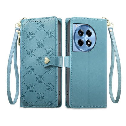 For OnePlus 12R / OnePlus Ace 3 Zipper Wallet Heart Buckle Vegan Leather Phone Case with Wrist Strap(Lake Blue)