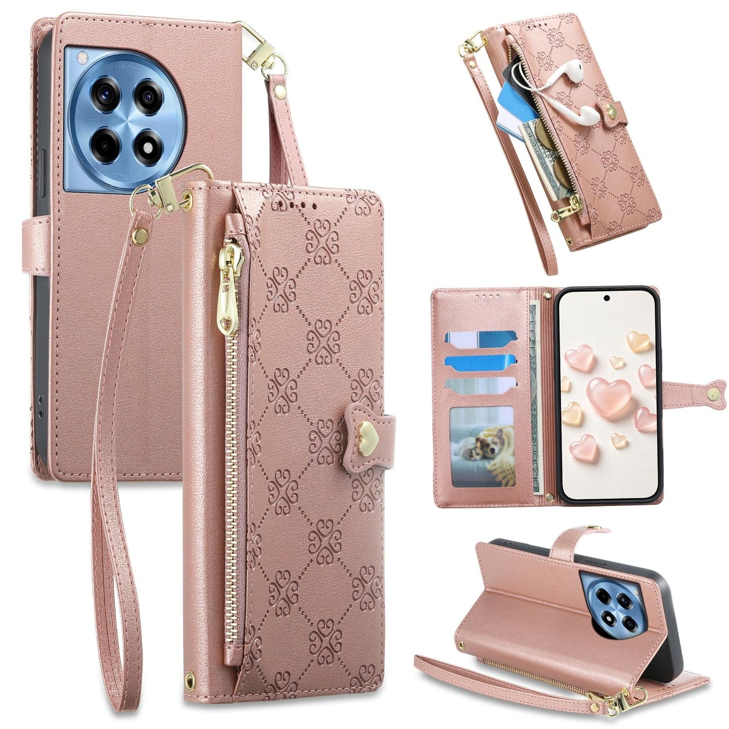 For OnePlus 12R / OnePlus Ace 3 Zipper Wallet Heart Buckle Vegan Leather Phone Case with Wrist Strap(Pink)