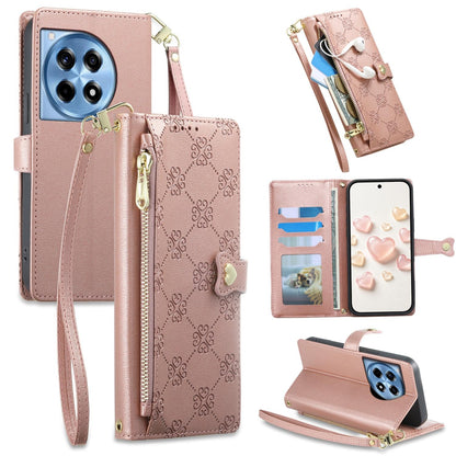 For OnePlus 12R / OnePlus Ace 3 Zipper Wallet Heart Buckle Vegan Leather Phone Case with Wrist Strap(Pink)