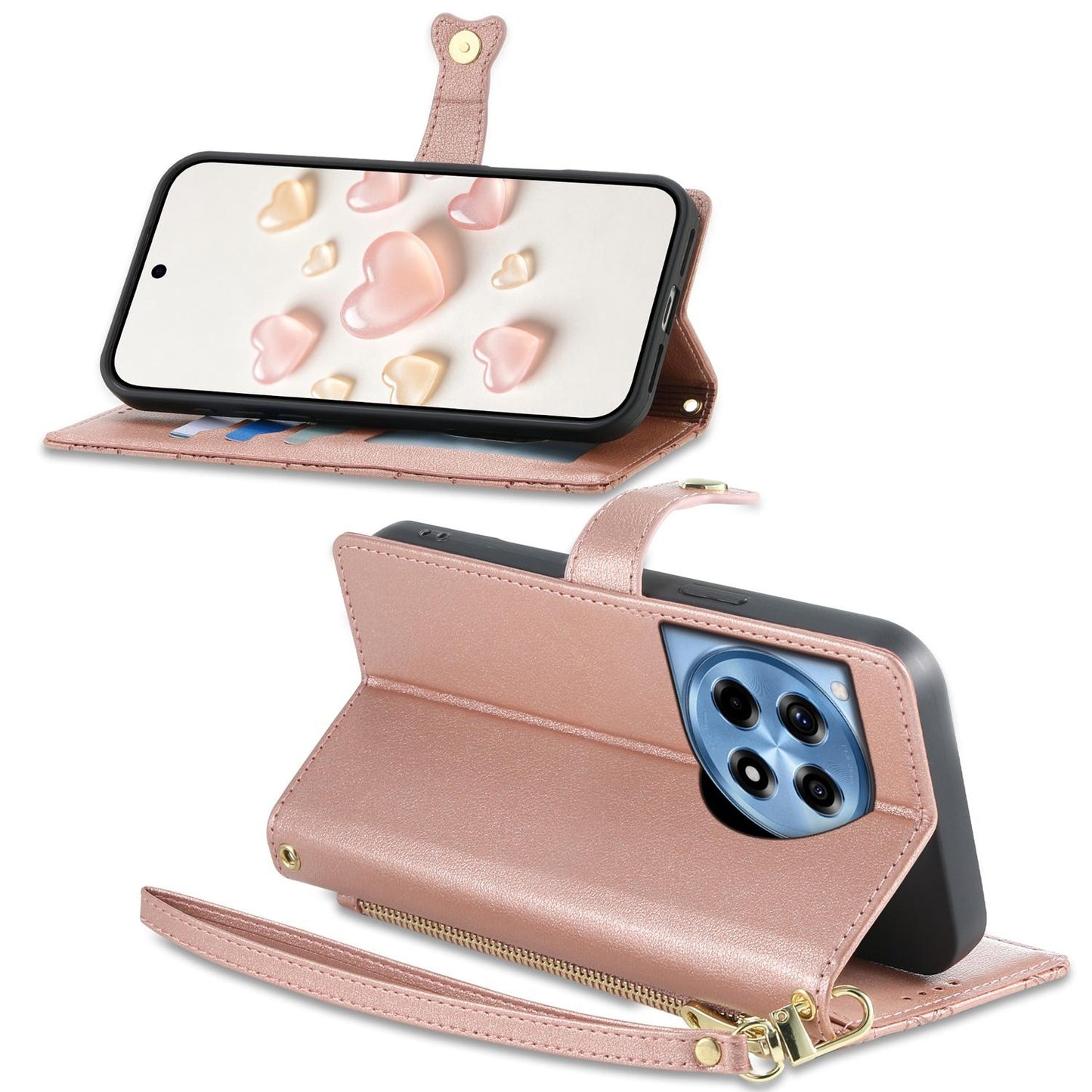 For OnePlus 12R / OnePlus Ace 3 Zipper Wallet Heart Buckle Vegan Leather Phone Case with Wrist Strap(Pink)