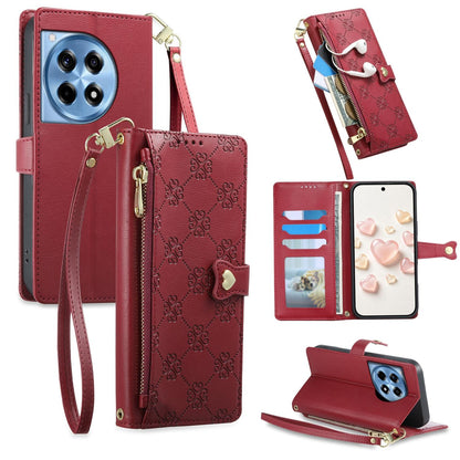 For OnePlus 12R / OnePlus Ace 3 Zipper Wallet Heart Buckle Vegan Leather Phone Case with Wrist Strap(Red)