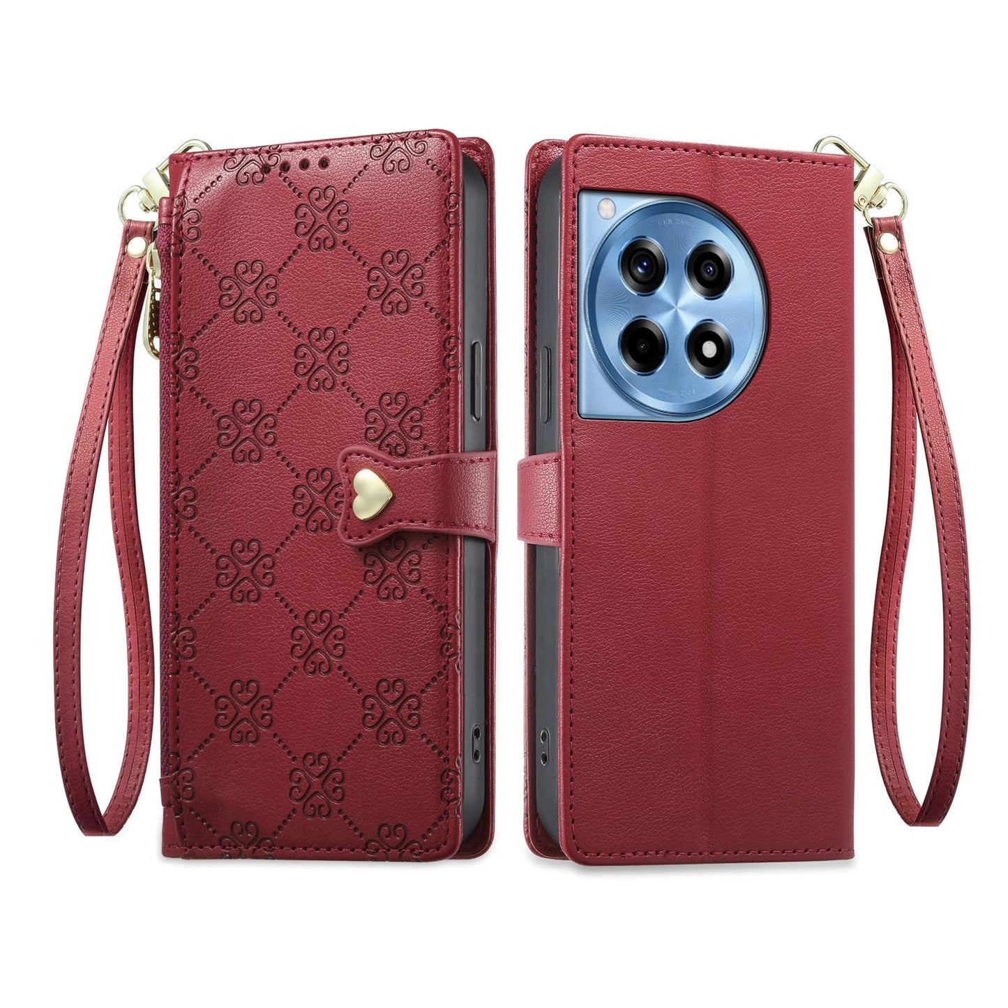 For OnePlus 12R / OnePlus Ace 3 Zipper Wallet Heart Buckle Vegan Leather Phone Case with Wrist Strap(Red)