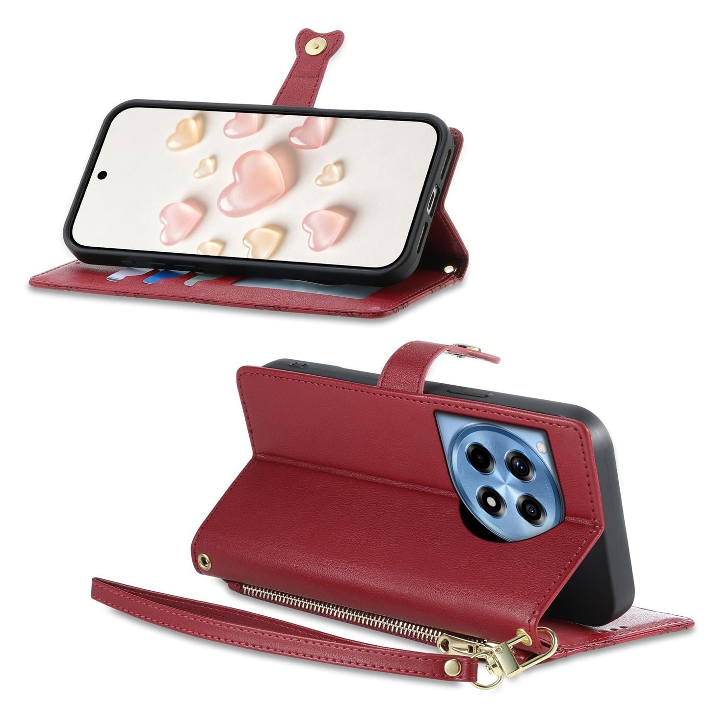 For OnePlus 12R / OnePlus Ace 3 Zipper Wallet Heart Buckle Vegan Leather Phone Case with Wrist Strap(Red)