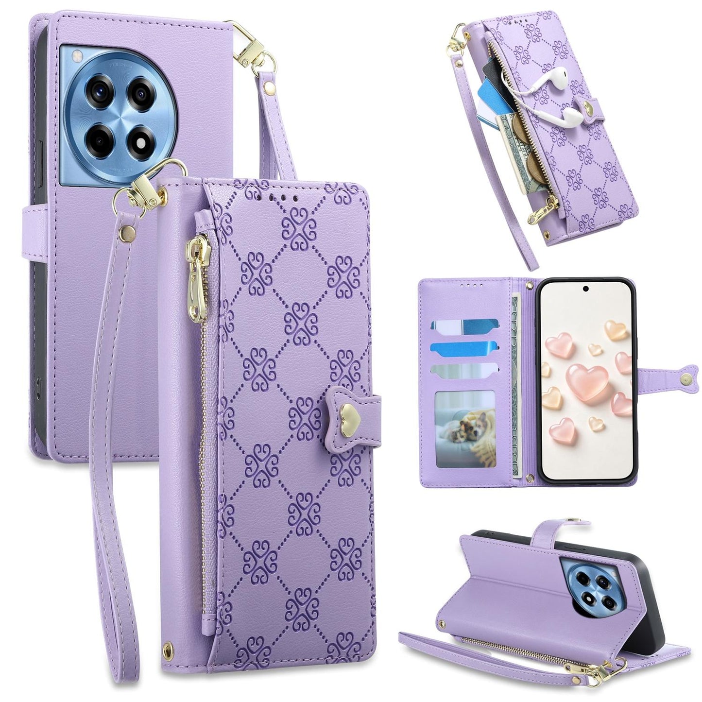 For OnePlus 12R / OnePlus Ace 3 Zipper Wallet Heart Buckle Vegan Leather Phone Case with Wrist Strap(Purple)