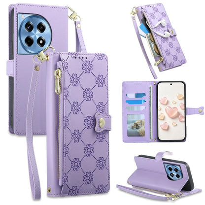 For OnePlus 12R / OnePlus Ace 3 Zipper Wallet Heart Buckle Vegan Leather Phone Case with Wrist Strap(Purple)
