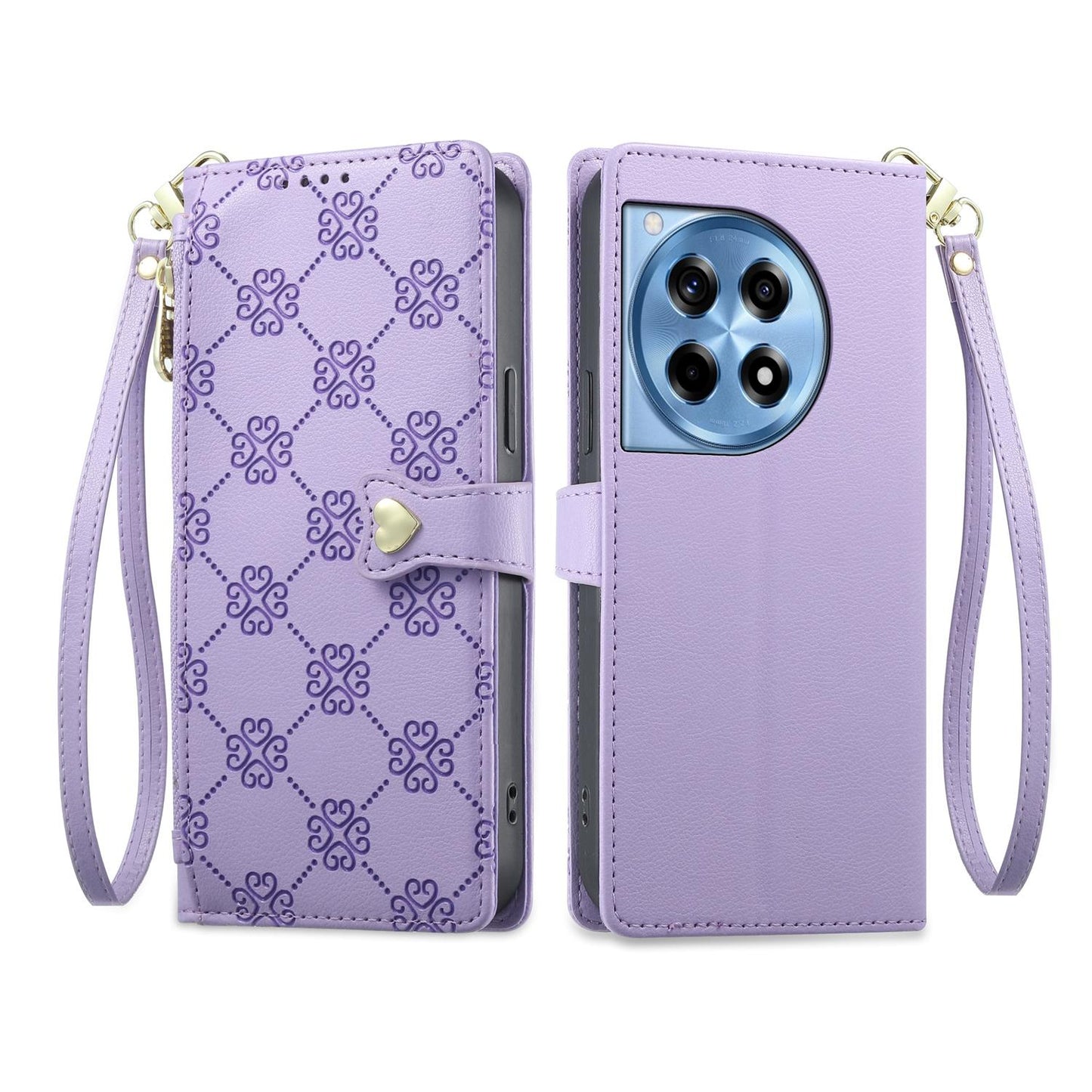 For OnePlus 12R / OnePlus Ace 3 Zipper Wallet Heart Buckle Vegan Leather Phone Case with Wrist Strap(Purple)