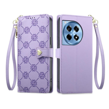 For OnePlus 12R / OnePlus Ace 3 Zipper Wallet Heart Buckle Vegan Leather Phone Case with Wrist Strap(Purple)