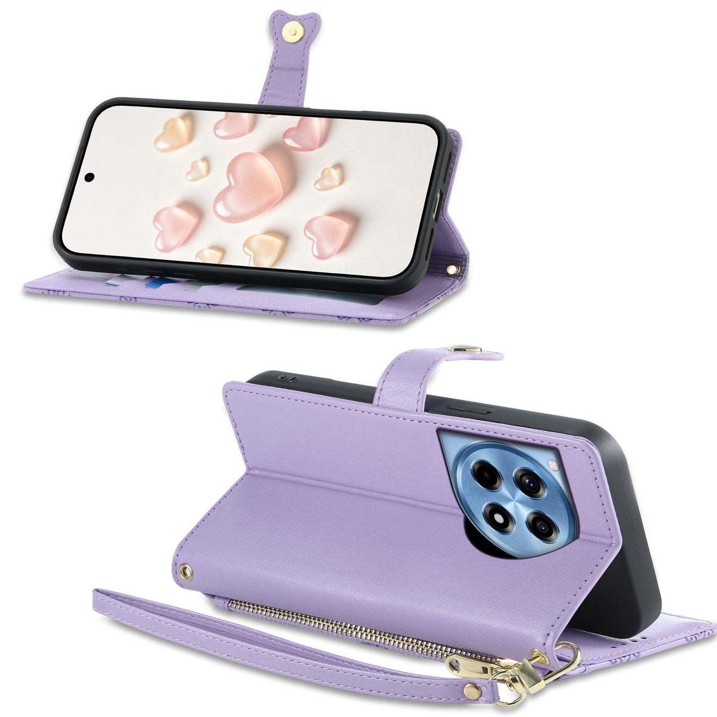 For OnePlus 12R / OnePlus Ace 3 Zipper Wallet Heart Buckle Vegan Leather Phone Case with Wrist Strap(Purple)