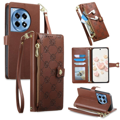 For OnePlus 12R / OnePlus Ace 3 Zipper Wallet Heart Buckle Vegan Leather Phone Case with Wrist Strap(Brown)