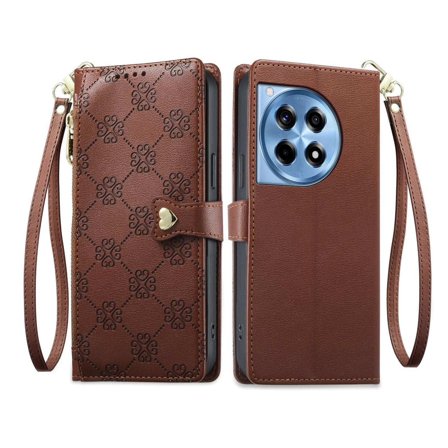 For OnePlus 12R / OnePlus Ace 3 Zipper Wallet Heart Buckle Vegan Leather Phone Case with Wrist Strap(Brown)