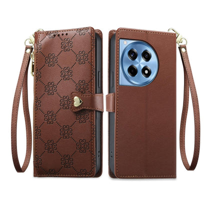 For OnePlus 12R / OnePlus Ace 3 Zipper Wallet Heart Buckle Vegan Leather Phone Case with Wrist Strap(Brown)