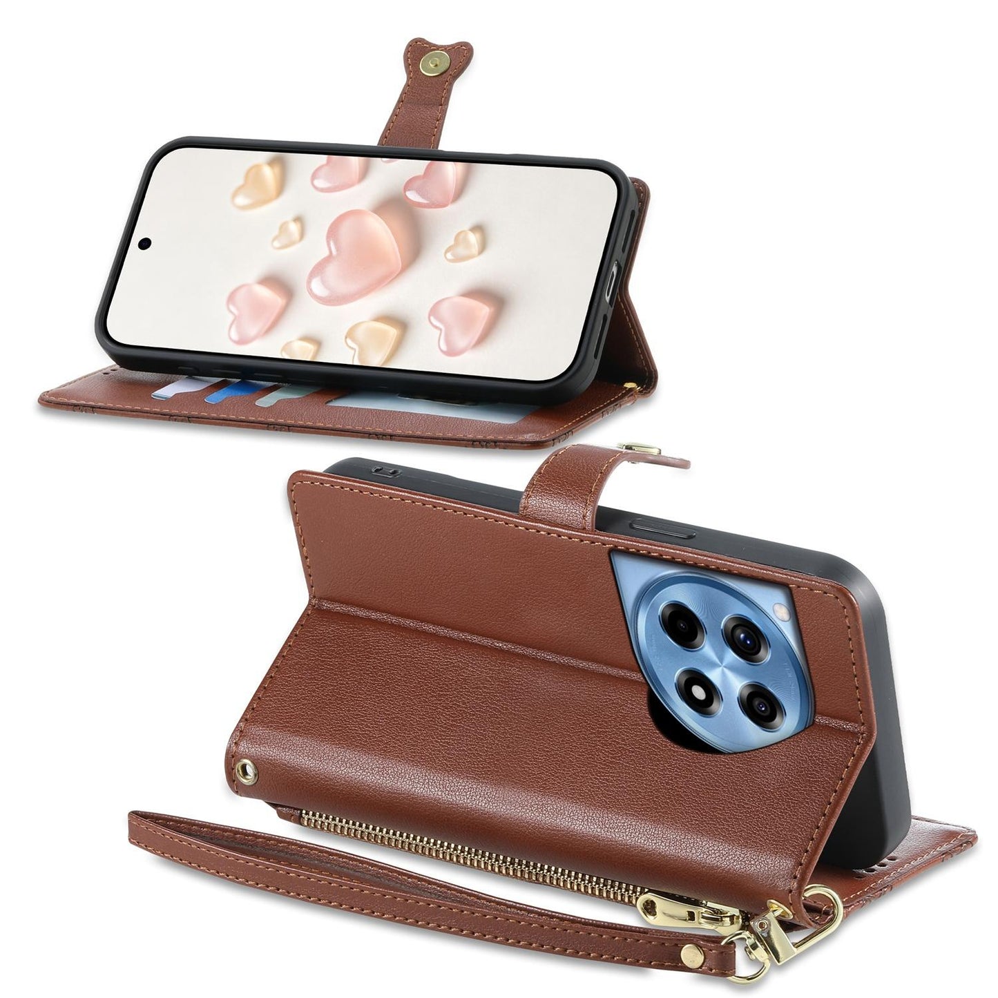 For OnePlus 12R / OnePlus Ace 3 Zipper Wallet Heart Buckle Vegan Leather Phone Case with Wrist Strap(Brown)