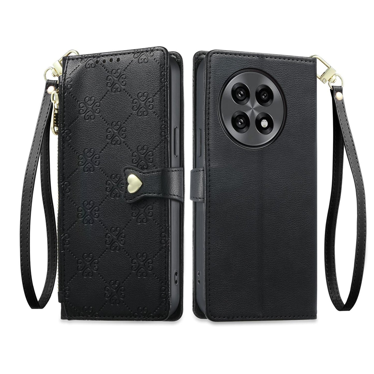 For OnePlus 13R / Ace 5 / Ace 5 Pro Zipper Wallet Heart Buckle Vegan Leather Phone Case with Wrist Strap(Black)