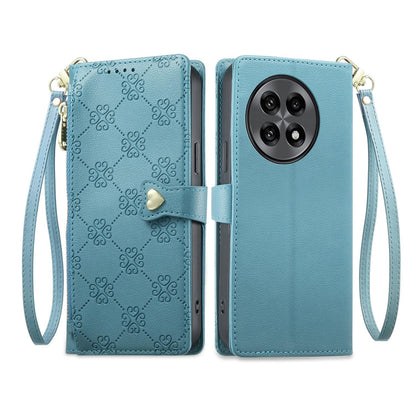 For OnePlus 13R / Ace 5 / Ace 5 Pro Zipper Wallet Heart Buckle Vegan Leather Phone Case with Wrist Strap(Lake Blue)