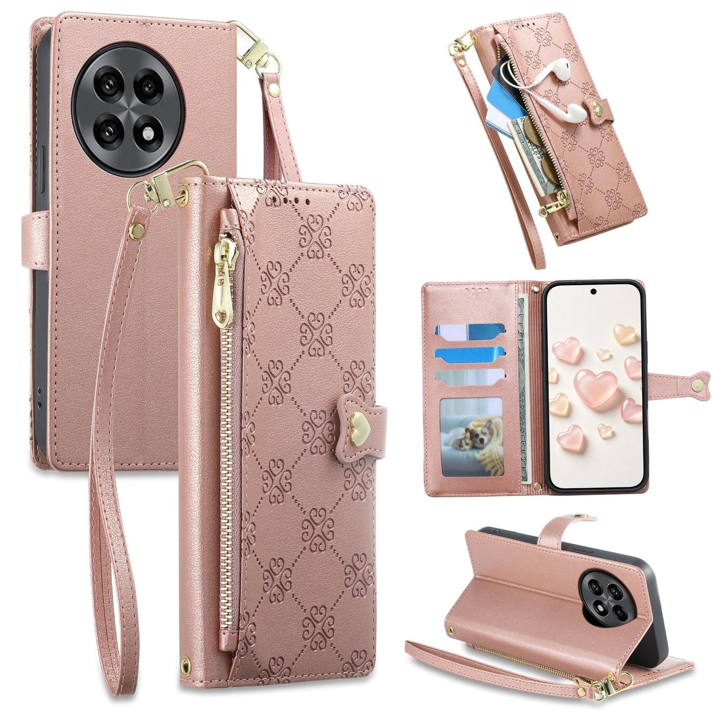 For OnePlus 13R / Ace 5 / Ace 5 Pro Zipper Wallet Heart Buckle Vegan Leather Phone Case with Wrist Strap(Pink)