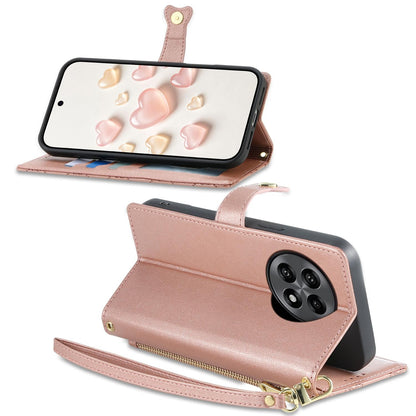 For OnePlus 13R / Ace 5 / Ace 5 Pro Zipper Wallet Heart Buckle Vegan Leather Phone Case with Wrist Strap(Pink)