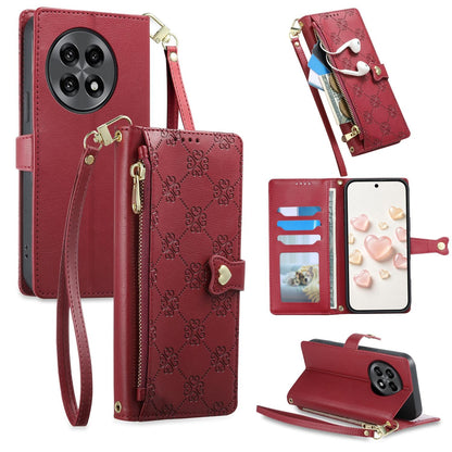 For OnePlus 13R / Ace 5 / Ace 5 Pro Zipper Wallet Heart Buckle Vegan Leather Phone Case with Wrist Strap(Red)