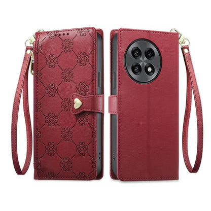 For OnePlus 13R / Ace 5 / Ace 5 Pro Zipper Wallet Heart Buckle Vegan Leather Phone Case with Wrist Strap(Red)