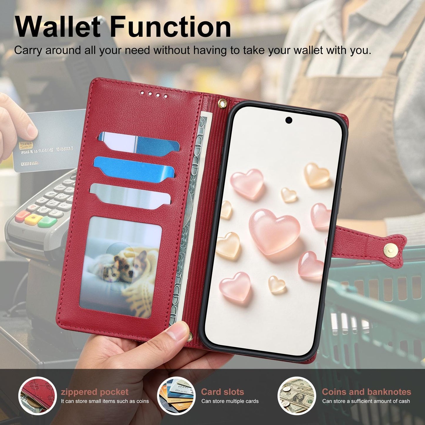 For OnePlus 13R / Ace 5 / Ace 5 Pro Zipper Wallet Heart Buckle Vegan Leather Phone Case with Wrist Strap(Red)