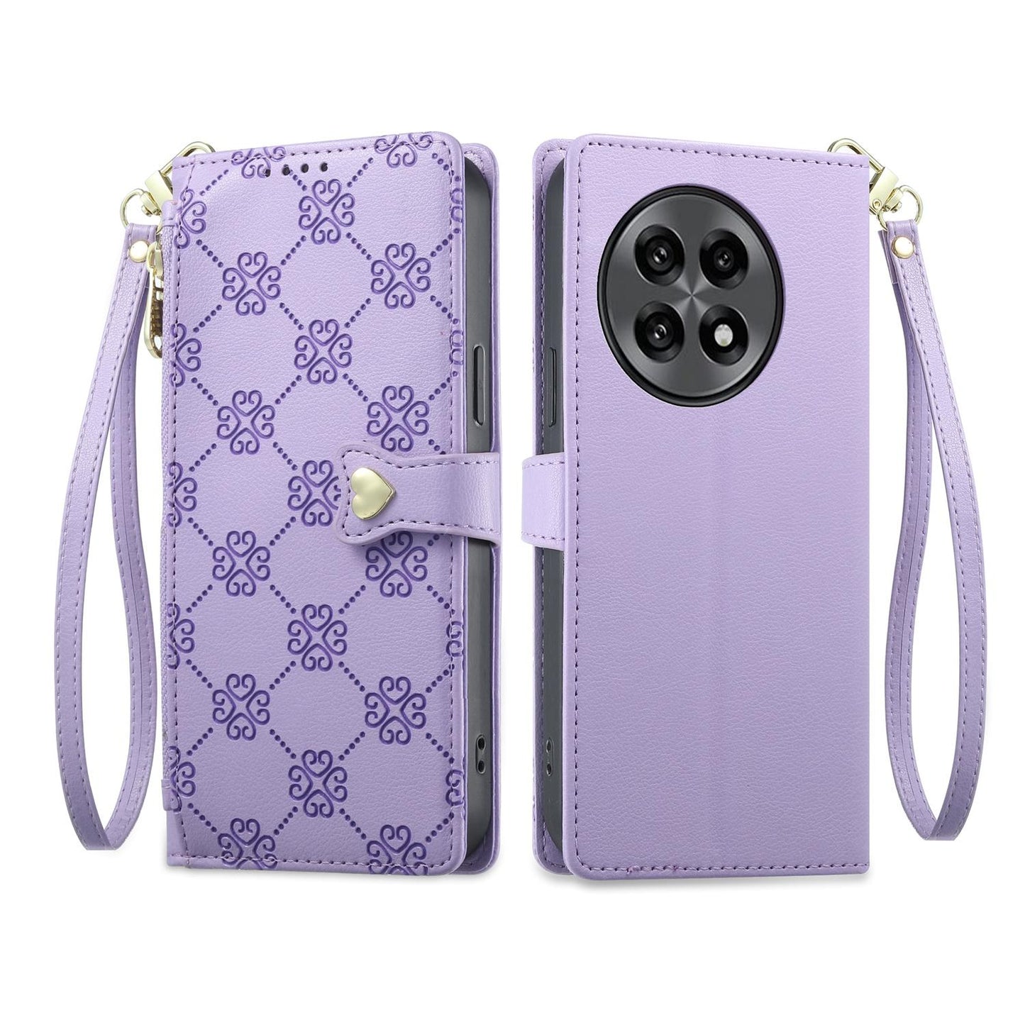For OnePlus 13R / Ace 5 / Ace 5 Pro Zipper Wallet Heart Buckle Vegan Leather Phone Case with Wrist Strap(Purple)