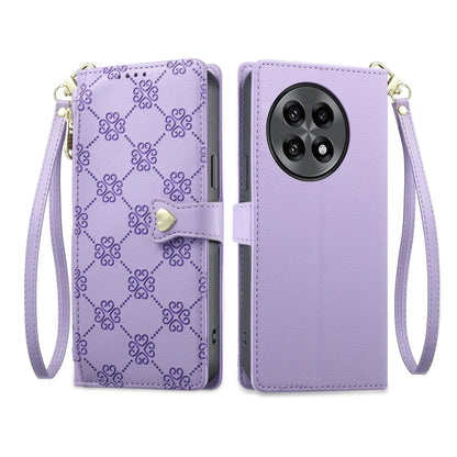 For OnePlus 13R / Ace 5 / Ace 5 Pro Zipper Wallet Heart Buckle Vegan Leather Phone Case with Wrist Strap(Purple)
