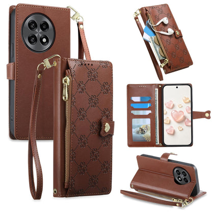 For OnePlus 13R / Ace 5 / Ace 5 Pro Zipper Wallet Heart Buckle Vegan Leather Phone Case with Wrist Strap(Brown)