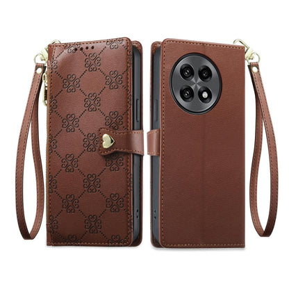 For OnePlus 13R / Ace 5 / Ace 5 Pro Zipper Wallet Heart Buckle Vegan Leather Phone Case with Wrist Strap(Brown)