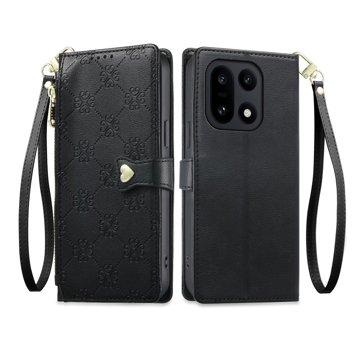 For OnePlus 15 Zipper Wallet Heart Buckle Vegan Leather Phone Case with Wrist Strap(Black)