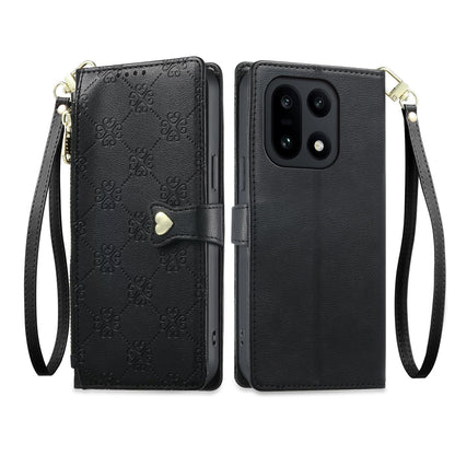For OnePlus 15 Zipper Wallet Heart Buckle Vegan Leather Phone Case with Wrist Strap(Black)
