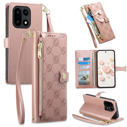 For OnePlus 15 Zipper Wallet Heart Buckle Vegan Leather Phone Case with Wrist Strap(Pink)