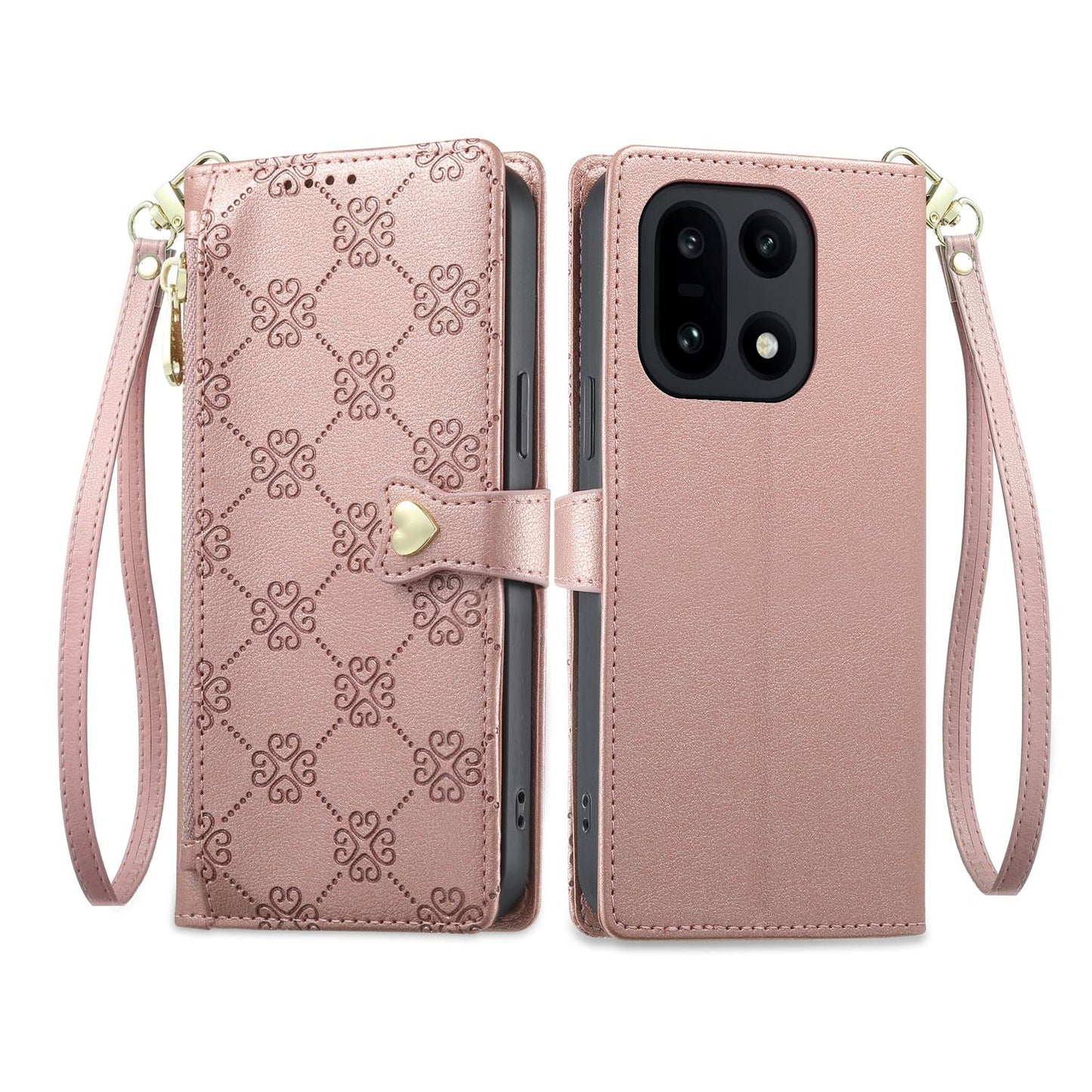 For OnePlus 15 Zipper Wallet Heart Buckle Vegan Leather Phone Case with Wrist Strap(Pink)