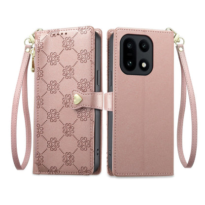 For OnePlus 15 Zipper Wallet Heart Buckle Vegan Leather Phone Case with Wrist Strap(Pink)