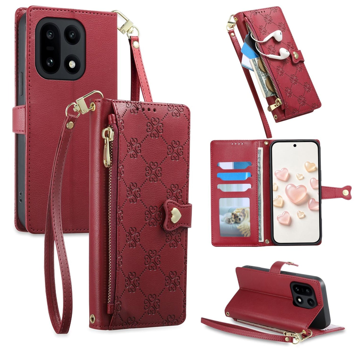 For OnePlus 15 Zipper Wallet Heart Buckle Vegan Leather Phone Case with Wrist Strap(Red)