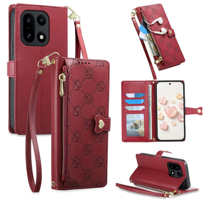 For OnePlus 15 Zipper Wallet Heart Buckle Vegan Leather Phone Case with Wrist Strap(Red)