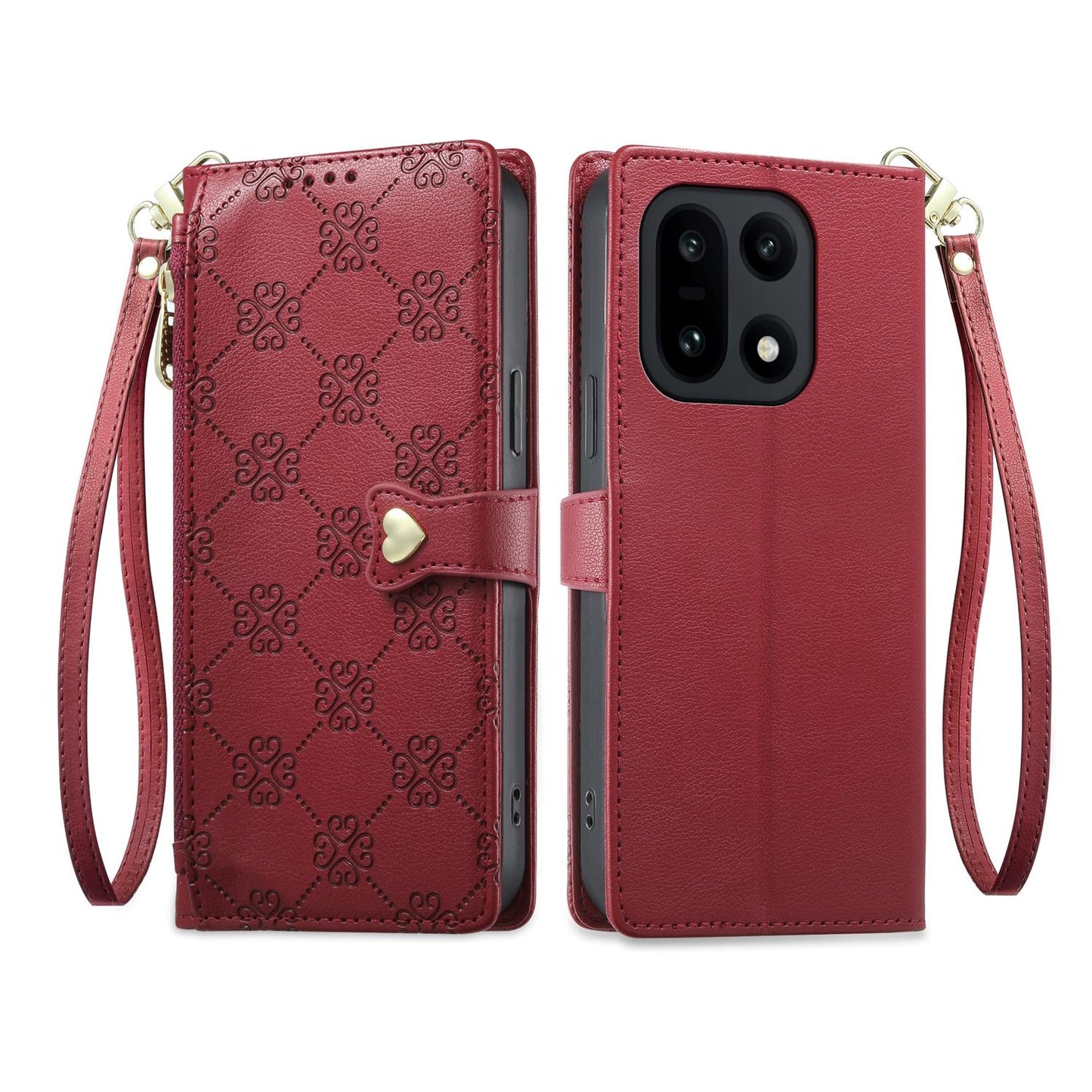 For OnePlus 15 Zipper Wallet Heart Buckle Vegan Leather Phone Case with Wrist Strap(Red)