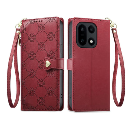 For OnePlus 15 Zipper Wallet Heart Buckle Vegan Leather Phone Case with Wrist Strap(Red)