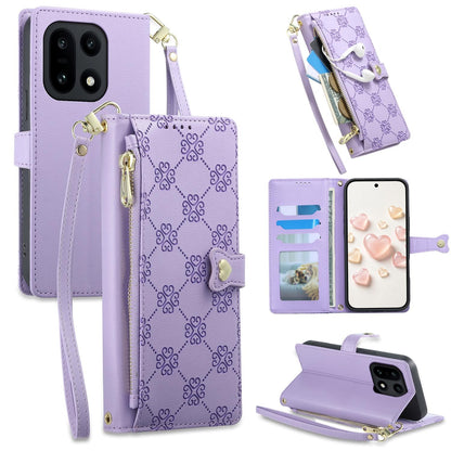 For OnePlus 15 Zipper Wallet Heart Buckle Vegan Leather Phone Case with Wrist Strap(Purple)