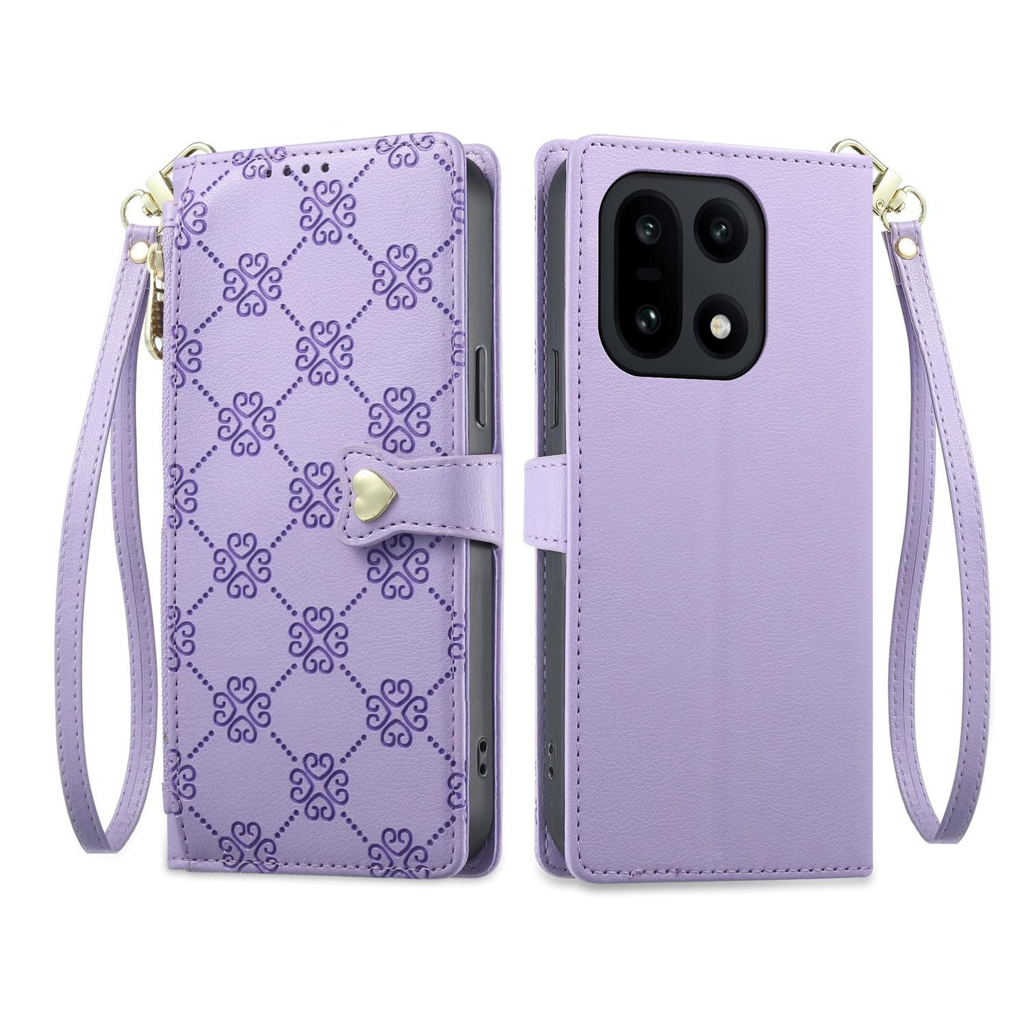For OnePlus 15 Zipper Wallet Heart Buckle Vegan Leather Phone Case with Wrist Strap(Purple)