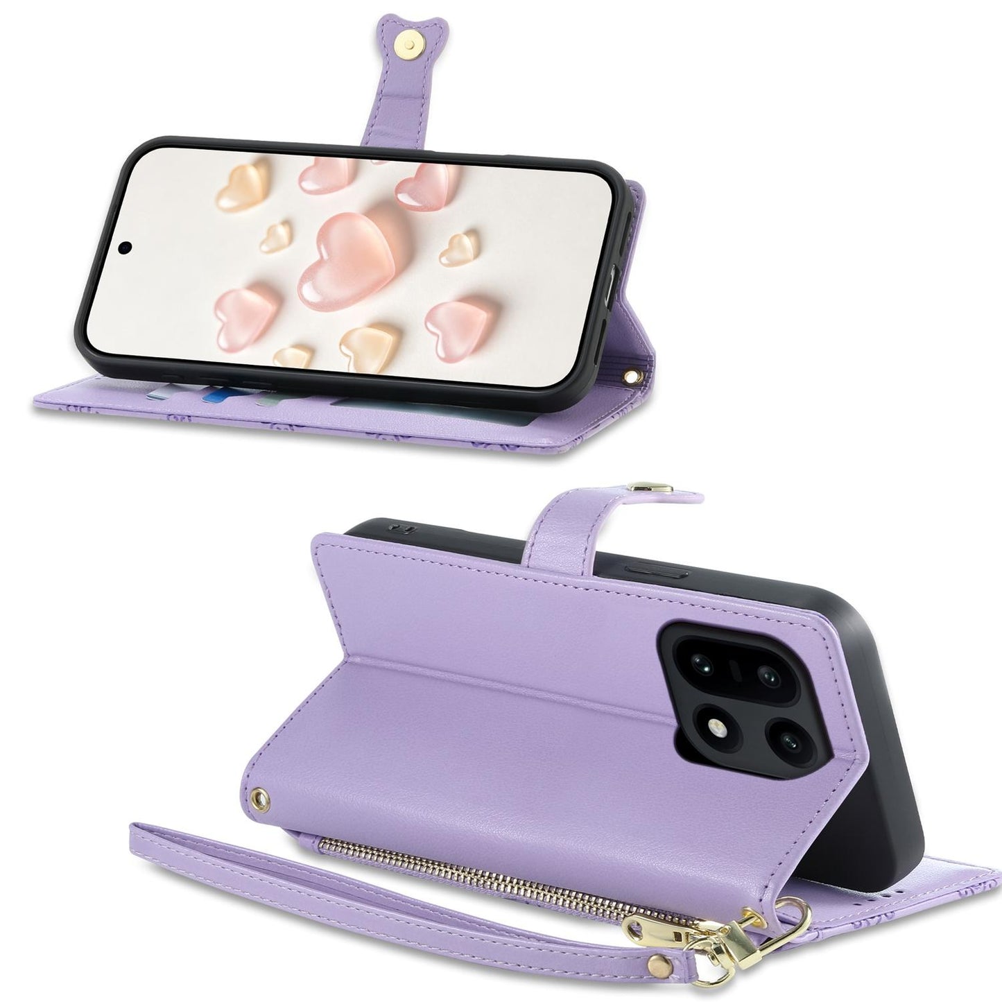 For OnePlus 15 Zipper Wallet Heart Buckle Vegan Leather Phone Case with Wrist Strap(Purple)