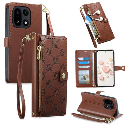 For OnePlus 15 Zipper Wallet Heart Buckle Vegan Leather Phone Case with Wrist Strap(Brown)