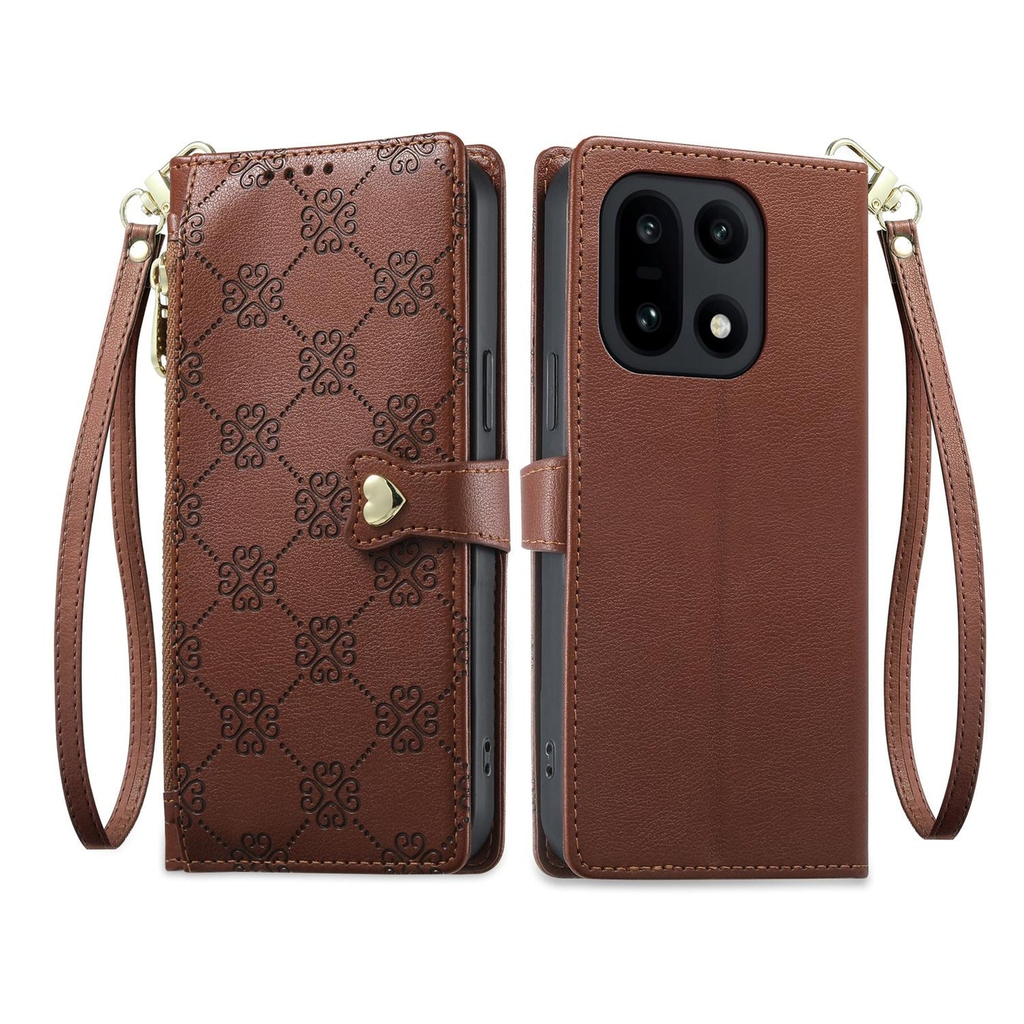 For OnePlus 15 Zipper Wallet Heart Buckle Vegan Leather Phone Case with Wrist Strap(Brown)