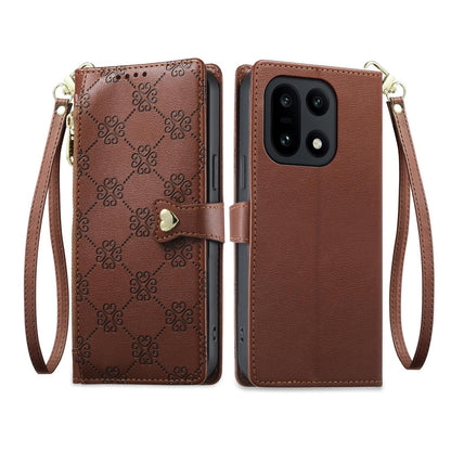 For OnePlus 15 Zipper Wallet Heart Buckle Vegan Leather Phone Case with Wrist Strap(Brown)