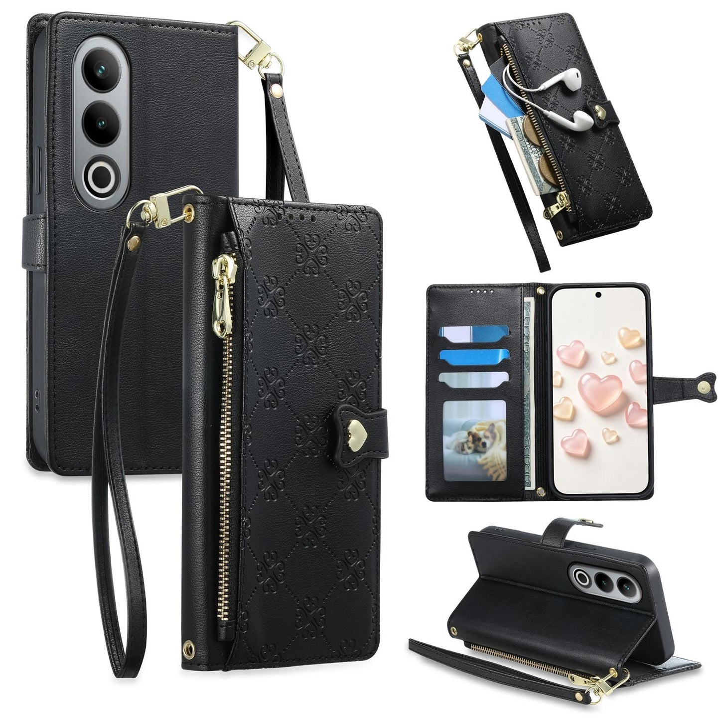 For OnePlus Ace 3V Zipper Wallet Heart Buckle Vegan Leather Phone Case with Wrist Strap(Black)