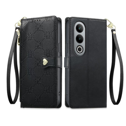 For OnePlus Ace 3V Zipper Wallet Heart Buckle Vegan Leather Phone Case with Wrist Strap(Black)
